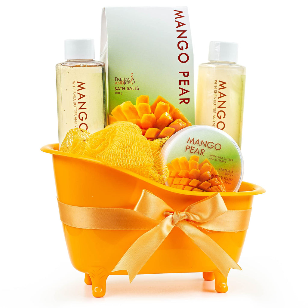Freida and Joe Tropical Mango Pear Spa Set – Bath & Body Gift in Orange Tub