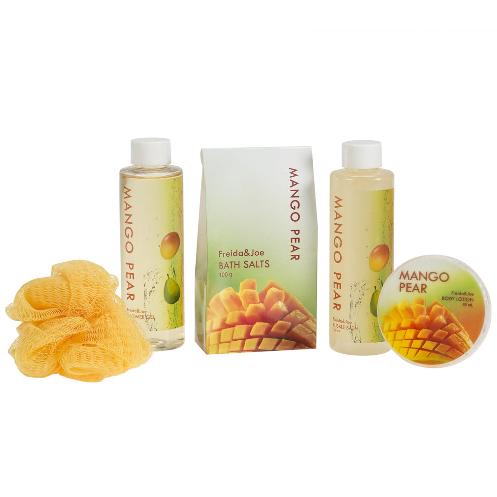 Freida and Joe Tropical Mango Pear Spa Set – Bath & Body Gift in Orange Tub