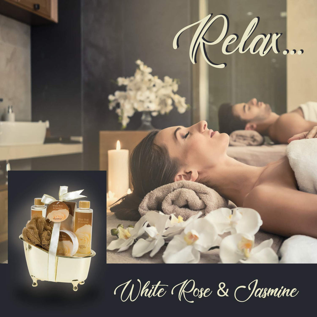 Freida and Joe White Rose Jasmine Spa Set – Luxury Gold Tub Gift (Shower Gel, Bubble Bath, Body Lotion)