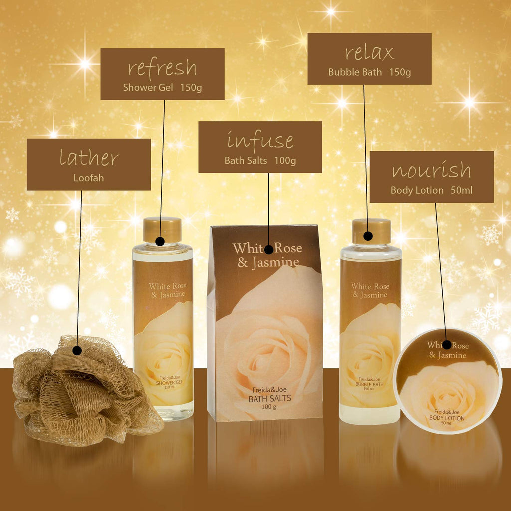 Freida and Joe White Rose Jasmine Spa Set – Luxury Gold Tub Gift (Shower Gel, Bubble Bath, Body Lotion)
