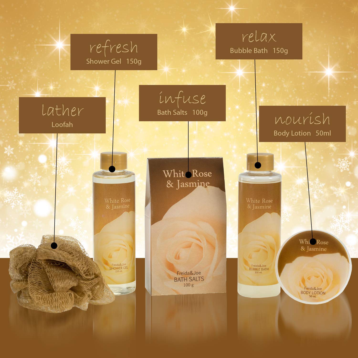 Freida and Joe White Rose Jasmine Spa Set – Luxury Gold Tub Gift (Shower Gel, Bubble Bath, Body Lotion)