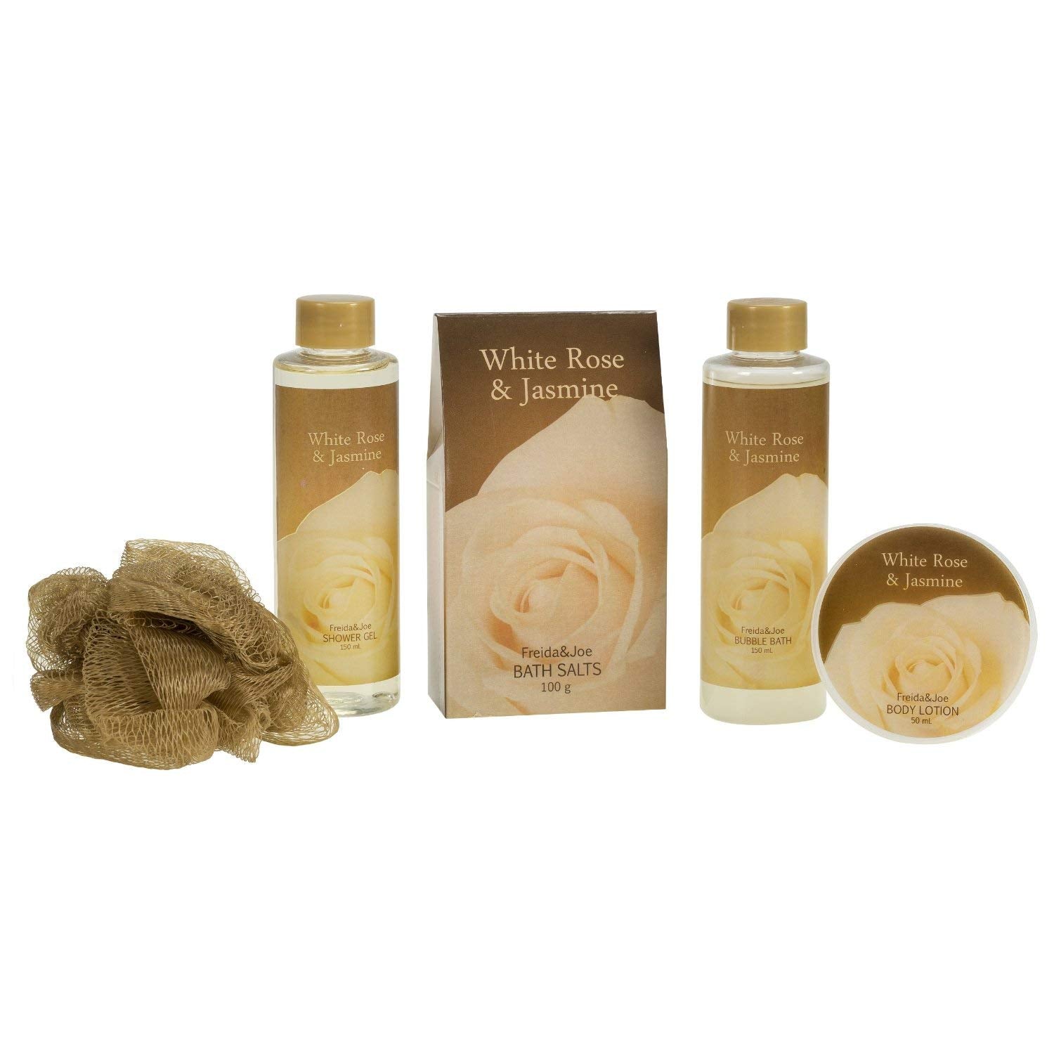 Freida and Joe White Rose Jasmine Spa Set – Luxury Gold Tub Gift (Shower Gel, Bubble Bath, Body Lotion)