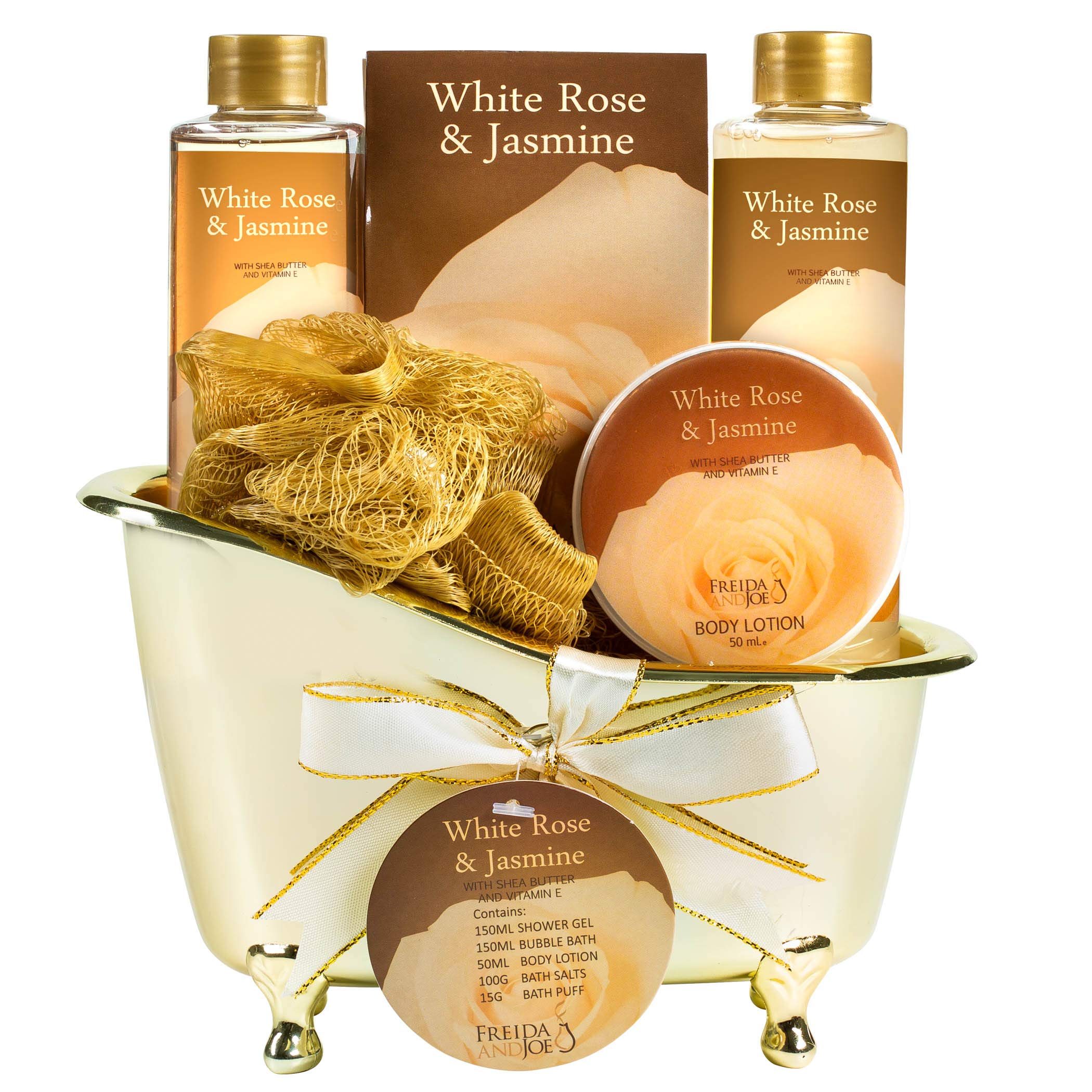 Freida and Joe White Rose Jasmine Spa Set – Luxury Gold Tub Gift (Shower Gel, Bubble Bath, Body Lotion)