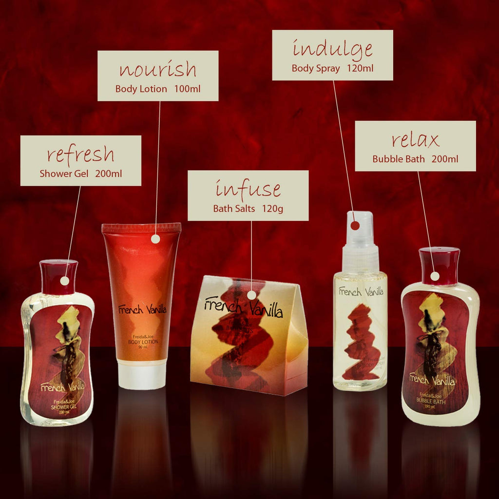 Freida and Joe French Vanilla Bath & Body Gift Curio – Elegant Spa Set with Shower Gel, Bubble Bath & More