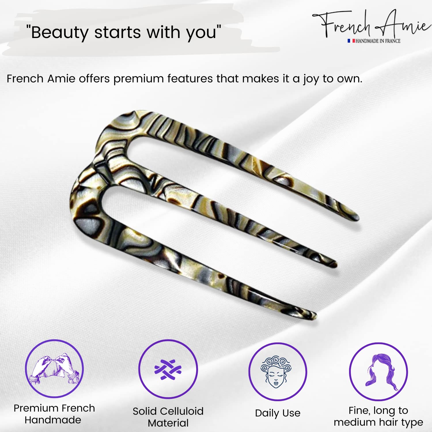 French Amie Tri Prongs Onyx Silver Grey 3-Inch Handmade Cellulose Acetate Bun Holder