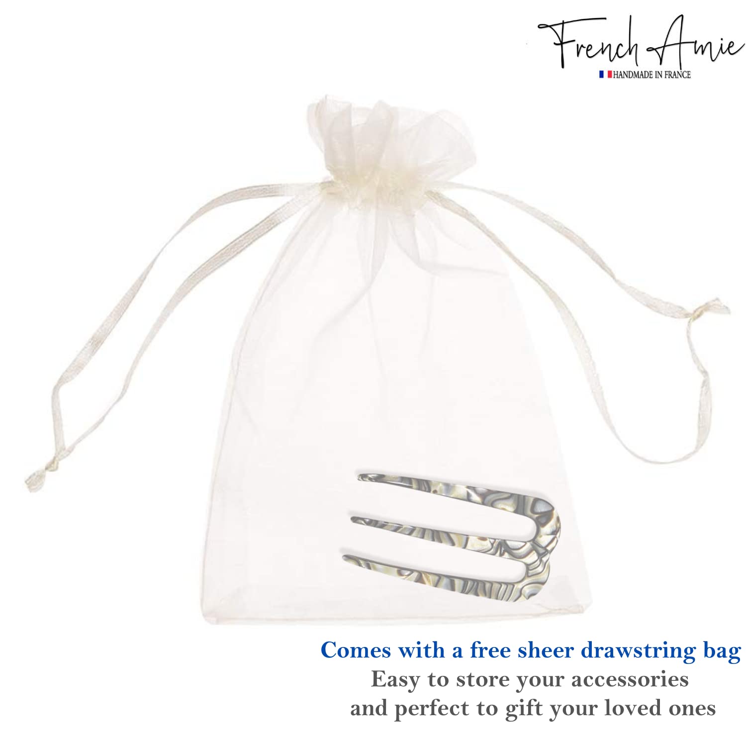French Amie Tri Prongs Onyx Silver Grey 3-Inch Handmade Cellulose Acetate Bun Holder