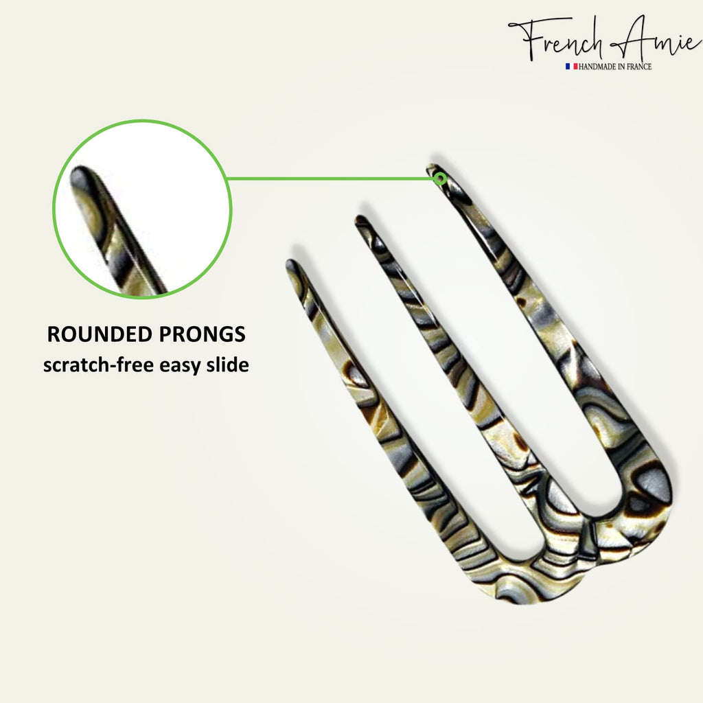 French Amie Tri Prongs Onyx Silver Grey 3-Inch Handmade Cellulose Acetate Bun Holder