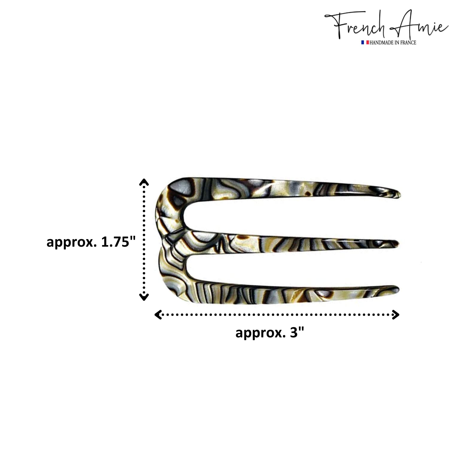 French Amie Tri Prongs Onyx Silver Grey 3-Inch Handmade Cellulose Acetate Bun Holder