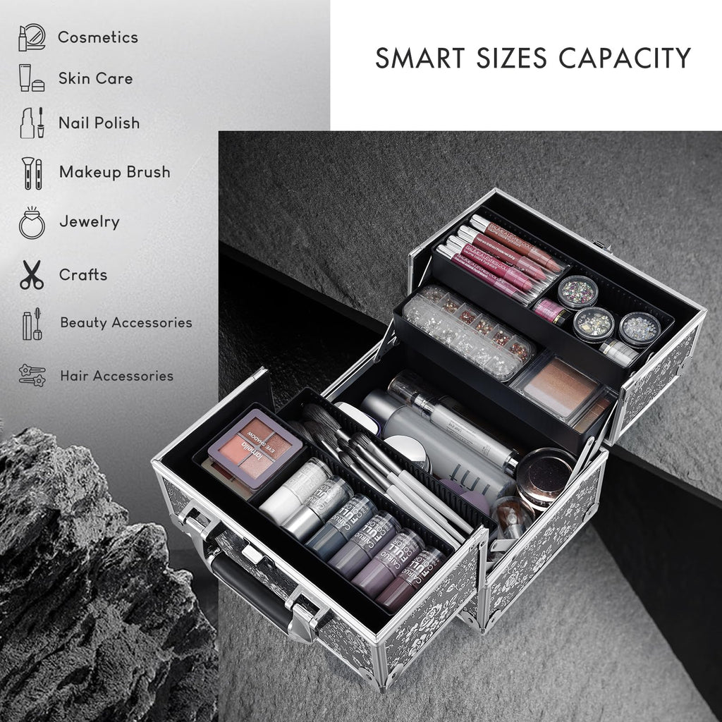 FRENESSA Silver Floral Makeup Case – 4-Tier Lockable Train Case for Travel & Home Organization