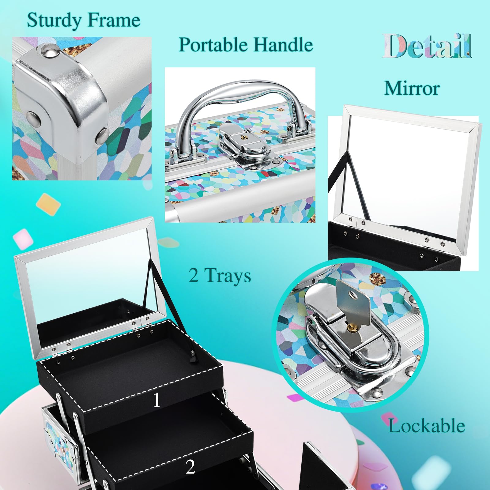 FRENESSA Mosaic Puzzle Train Case – Portable Kids Makeup Box with Mirror, Lockable Travel Cosmetic Organizer