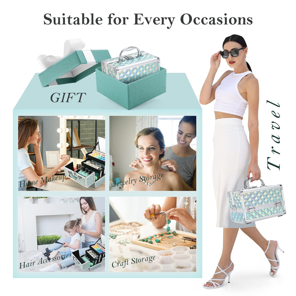 FRENESSA Makeup Case - Portable Locking Travel Cosmetic Box with Mirror, Blue