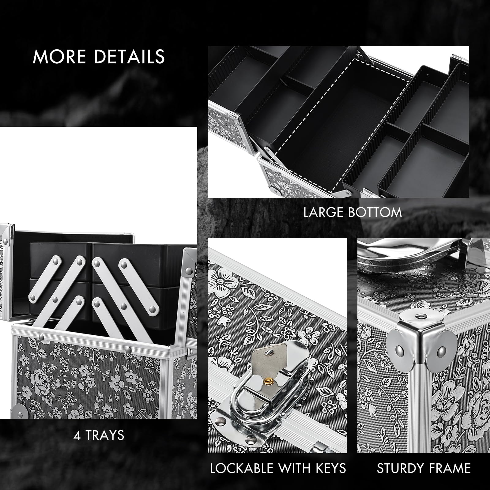 FRENESSA Silver Floral Makeup Case – 4-Tier Lockable Train Case for Travel & Home Organization