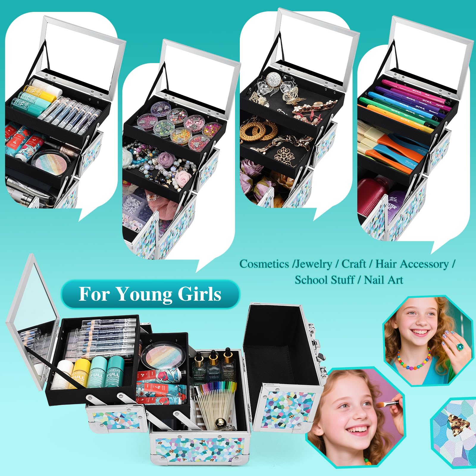FRENESSA Mosaic Puzzle Train Case – Portable Kids Makeup Box with Mirror, Lockable Travel Cosmetic Organizer
