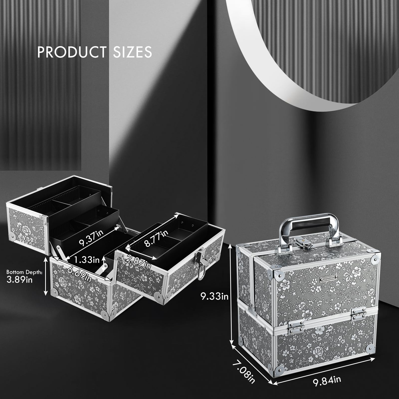 FRENESSA Silver Floral Makeup Case – 4-Tier Lockable Train Case for Travel & Home Organization
