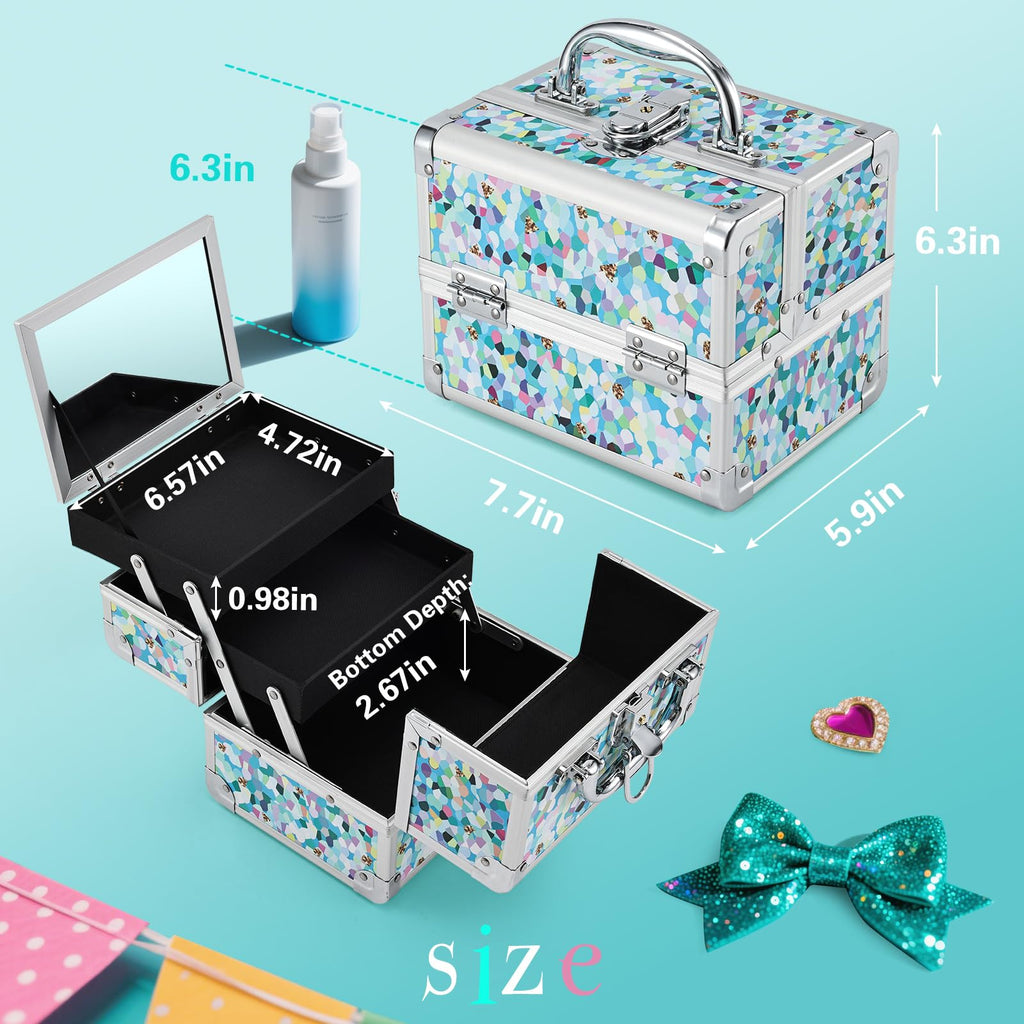 FRENESSA Mosaic Puzzle Train Case – Portable Kids Makeup Box with Mirror, Lockable Travel Cosmetic Organizer