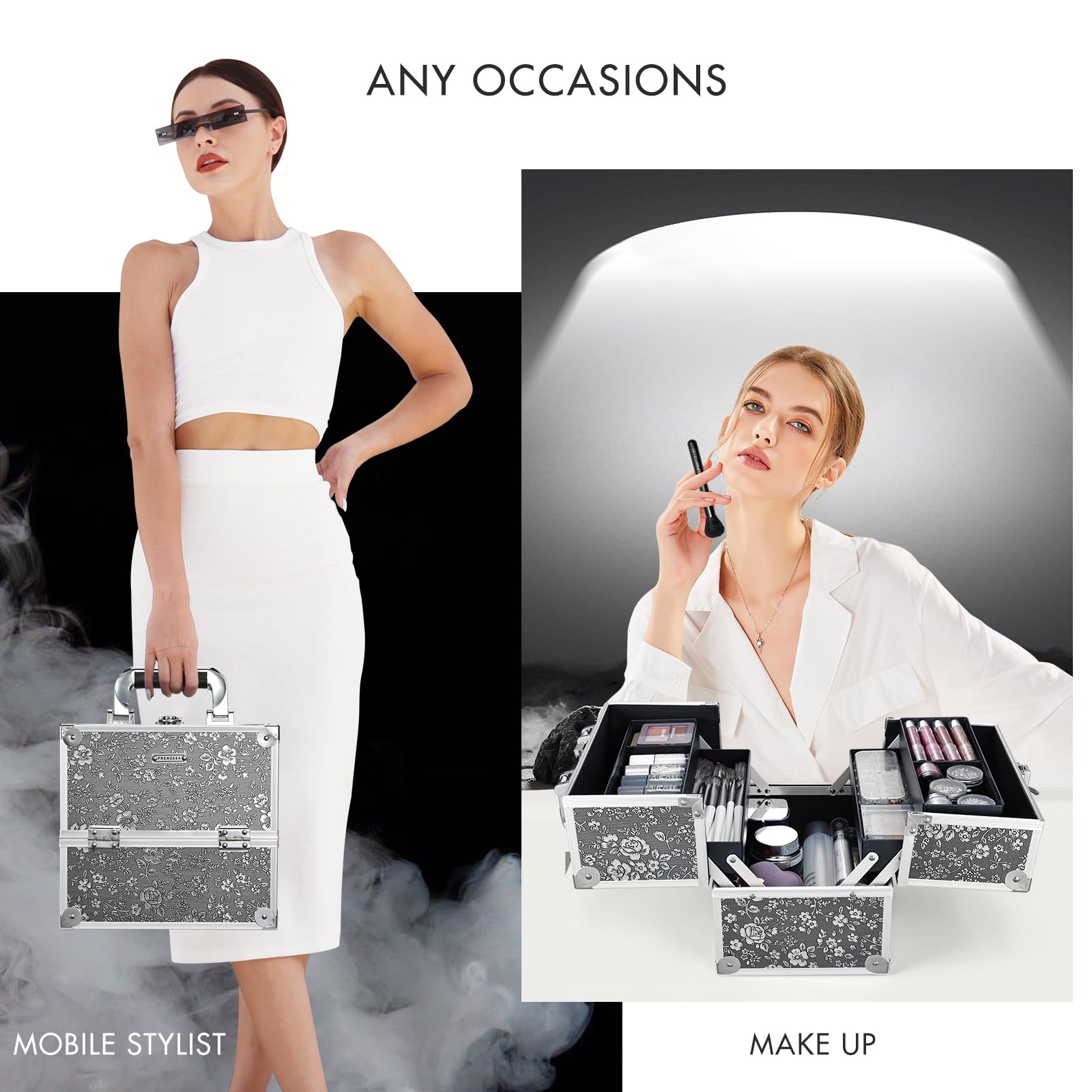 FRENESSA Silver Floral Makeup Case – 4-Tier Lockable Train Case for Travel & Home Organization