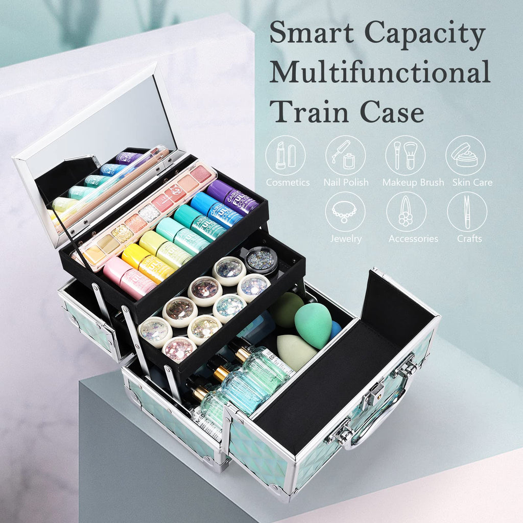 FRENESSA Makeup Case - Portable Locking Travel Cosmetic Box with Mirror, Blue