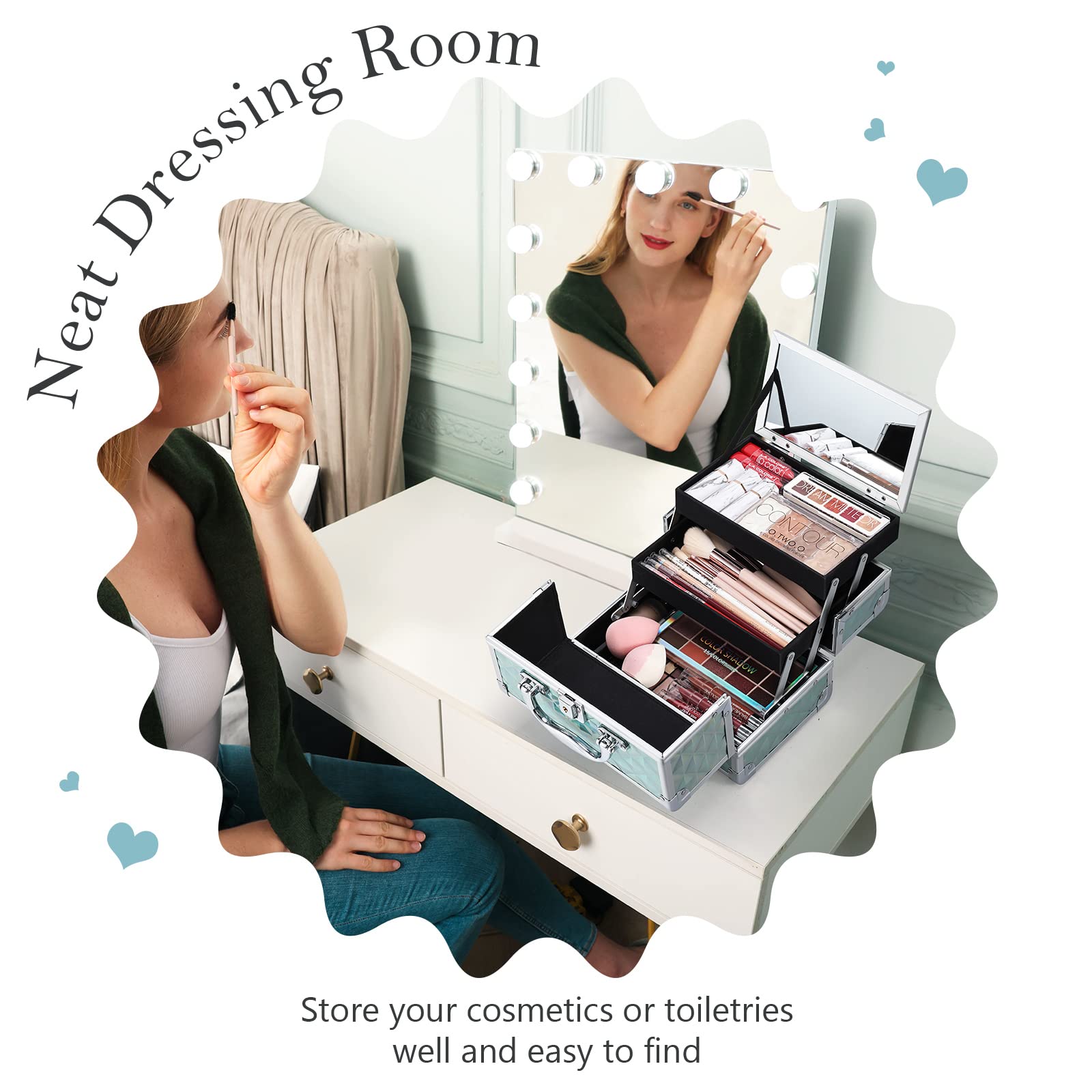 FRENESSA Makeup Case - Portable Locking Travel Cosmetic Box with Mirror, Blue