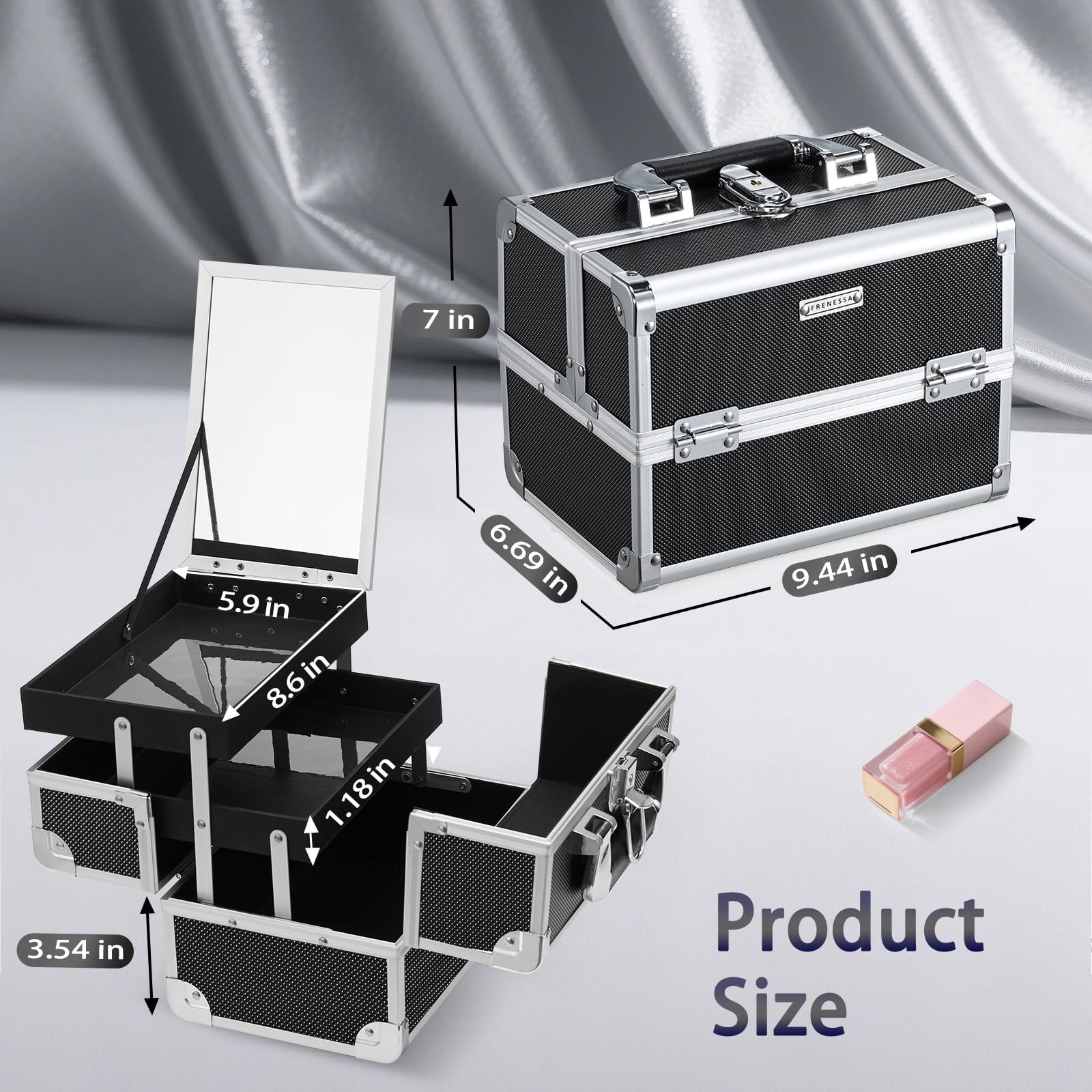 FRENESSA Makeup Case Organizer - Travel Vanity Box with Mirror, 2 Trays, Aluminum Hard Case, Black