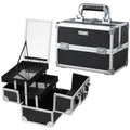 FRENESSA Makeup Case Organizer - Travel Vanity Box with Mirror, 2 Trays, Aluminum Hard Case, Black