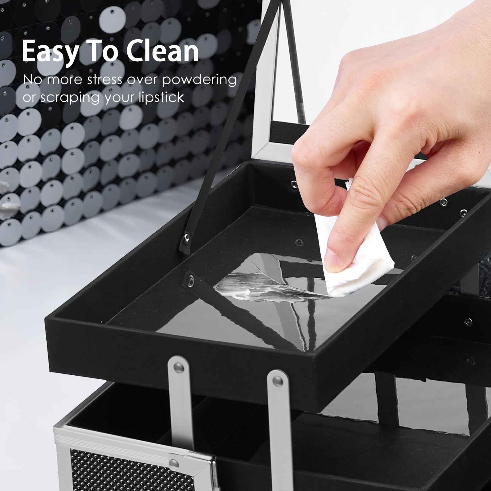 FRENESSA Makeup Case Organizer - Travel Vanity Box with Mirror, 2 Trays, Aluminum Hard Case, Black