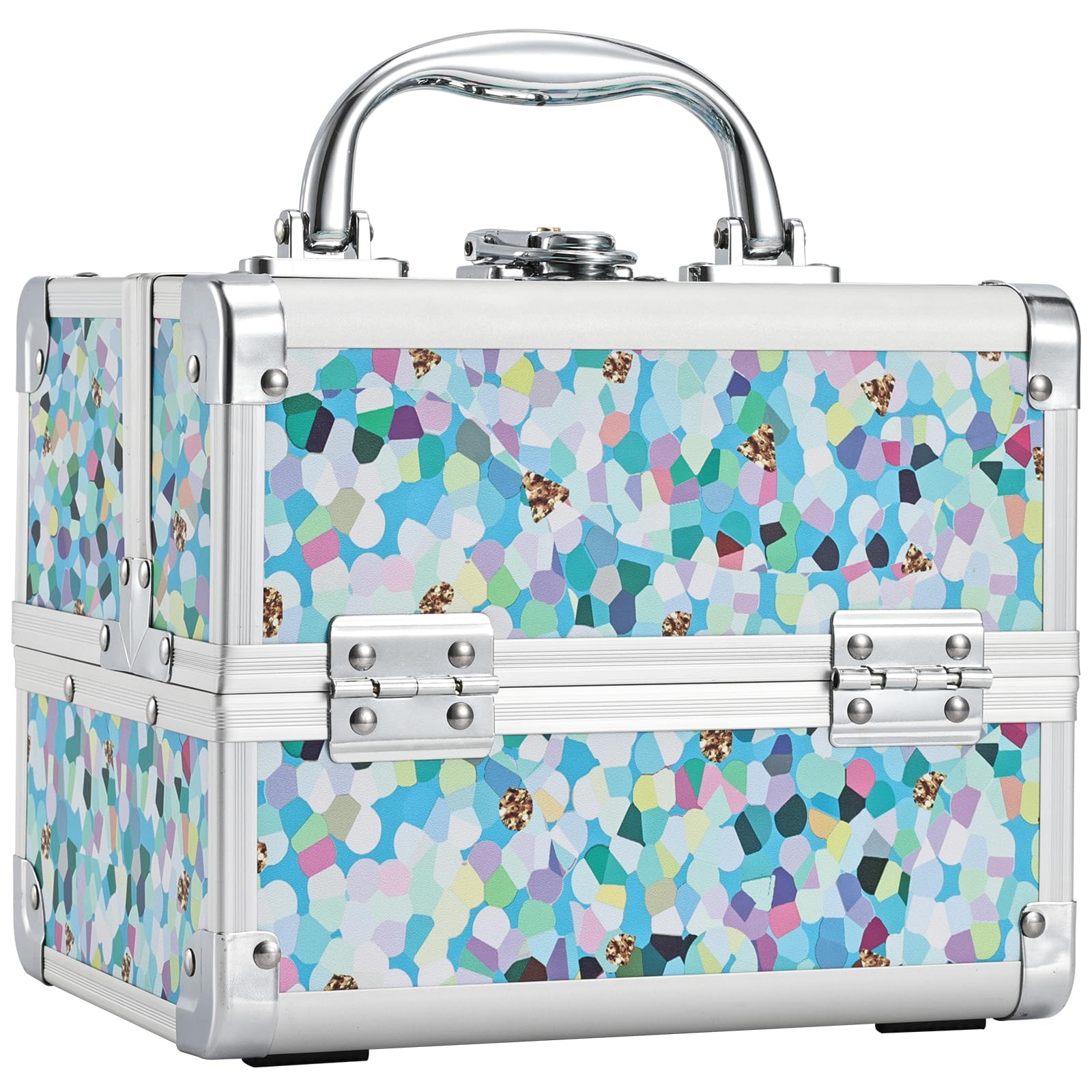 FRENESSA Mosaic Puzzle Train Case – Portable Kids Makeup Box with Mirror, Lockable Travel Cosmetic Organizer