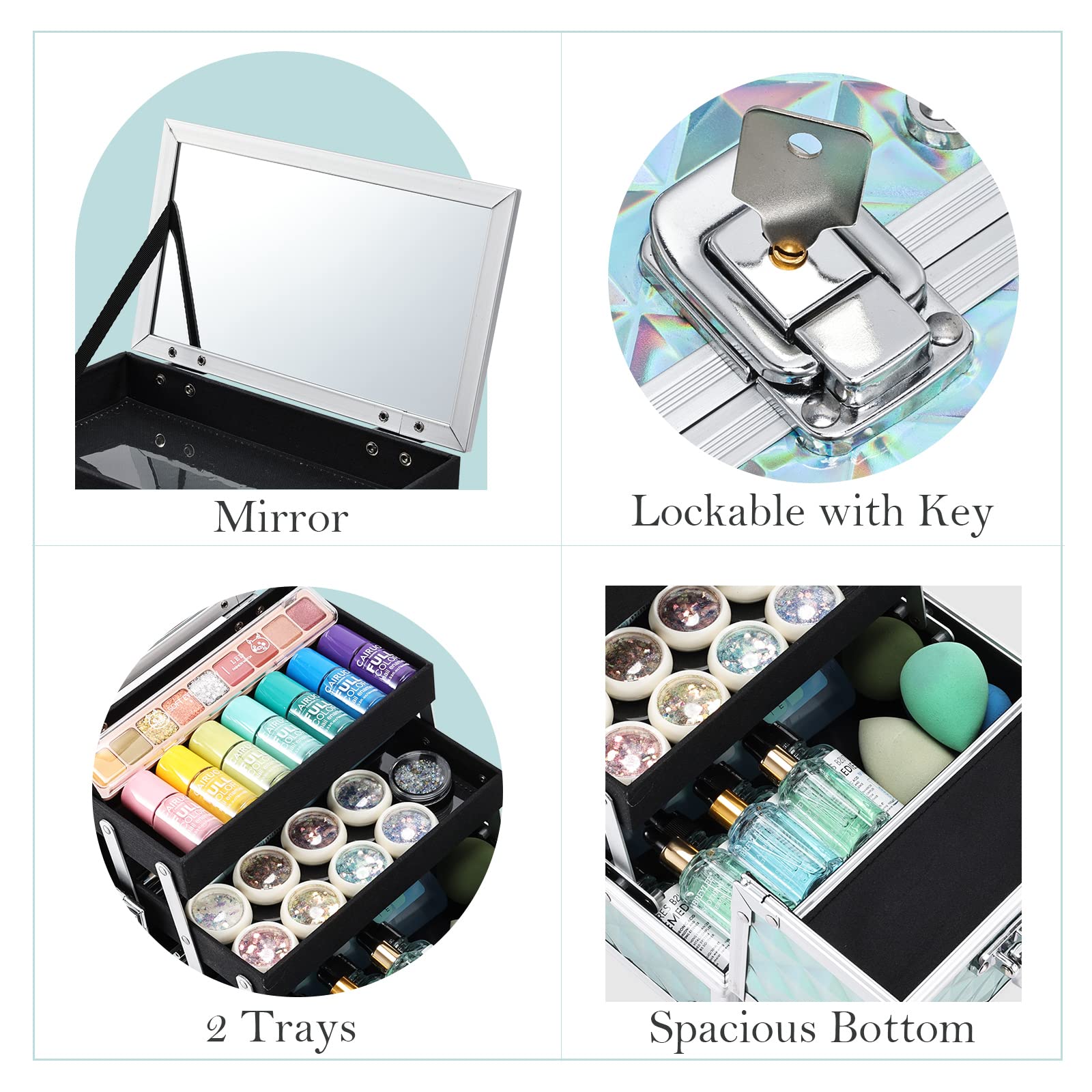 FRENESSA Makeup Case - Portable Locking Travel Cosmetic Box with Mirror, Blue