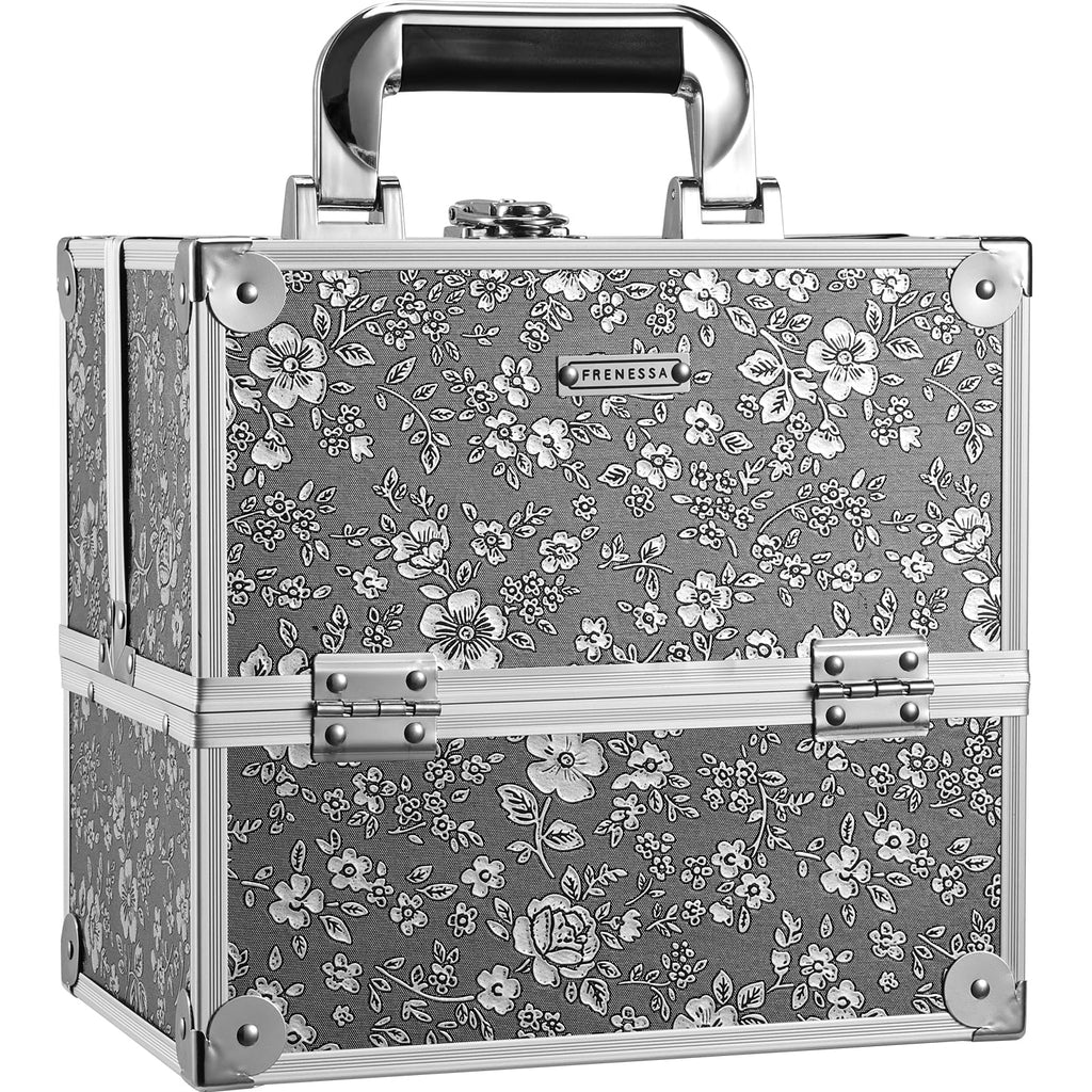 FRENESSA Silver Floral Makeup Case – 4-Tier Lockable Train Case for Travel & Home Organization