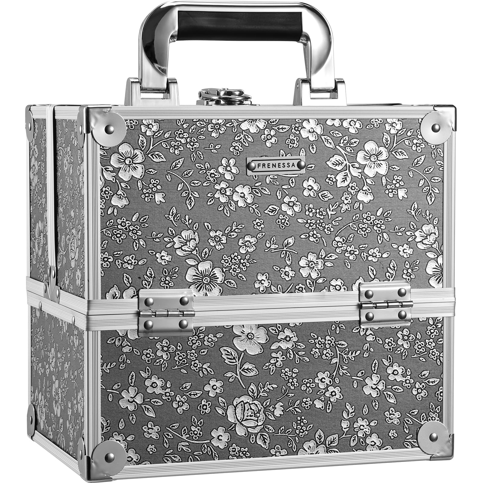 FRENESSA Silver Floral Makeup Case – 4-Tier Lockable Train Case for Travel & Home Organization