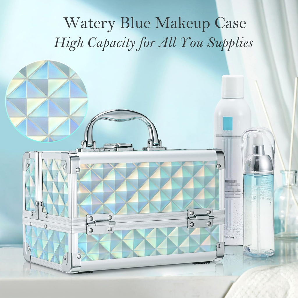 FRENESSA Makeup Case - Portable Locking Travel Cosmetic Box with Mirror, Blue
