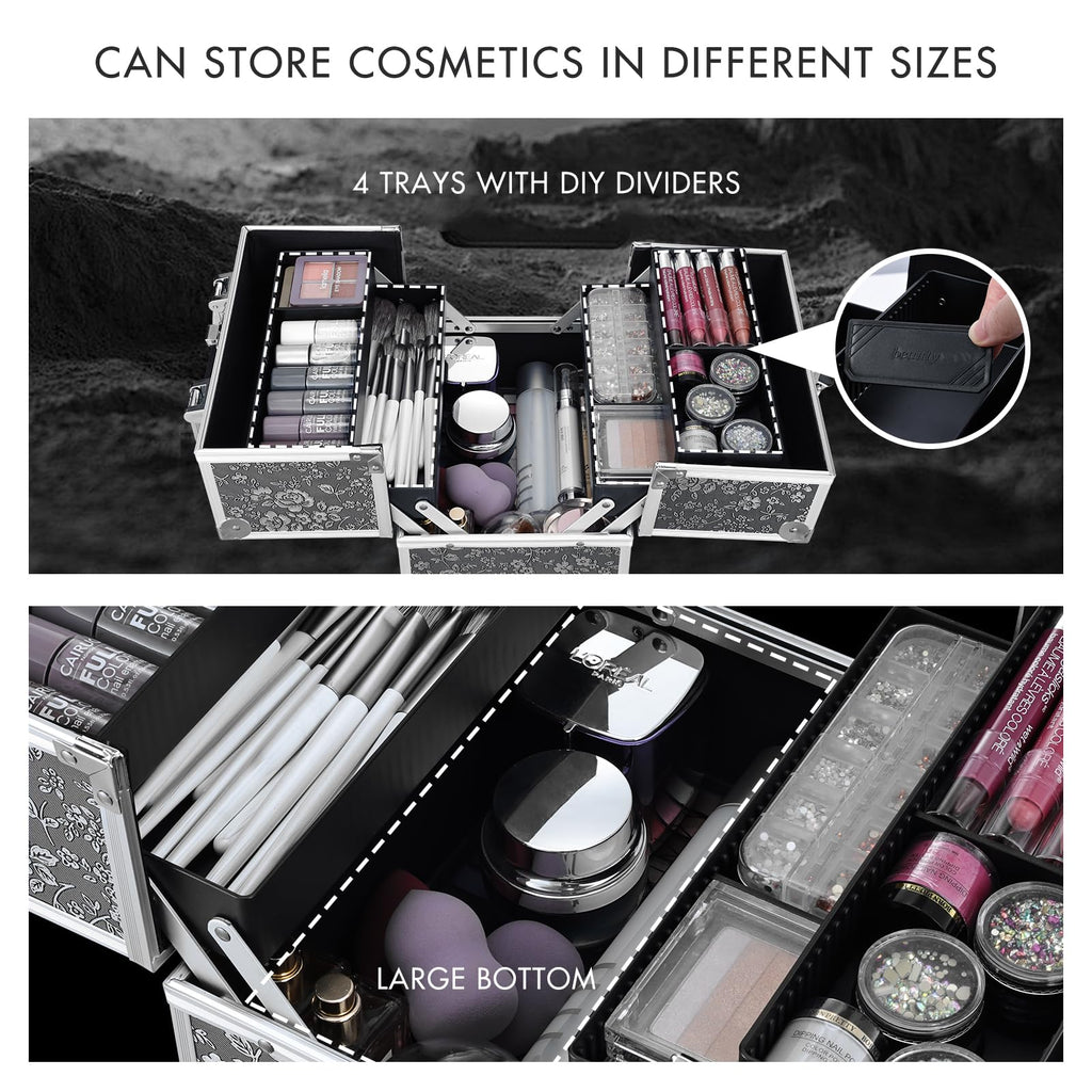 FRENESSA Silver Floral Makeup Case – 4-Tier Lockable Train Case for Travel & Home Organization