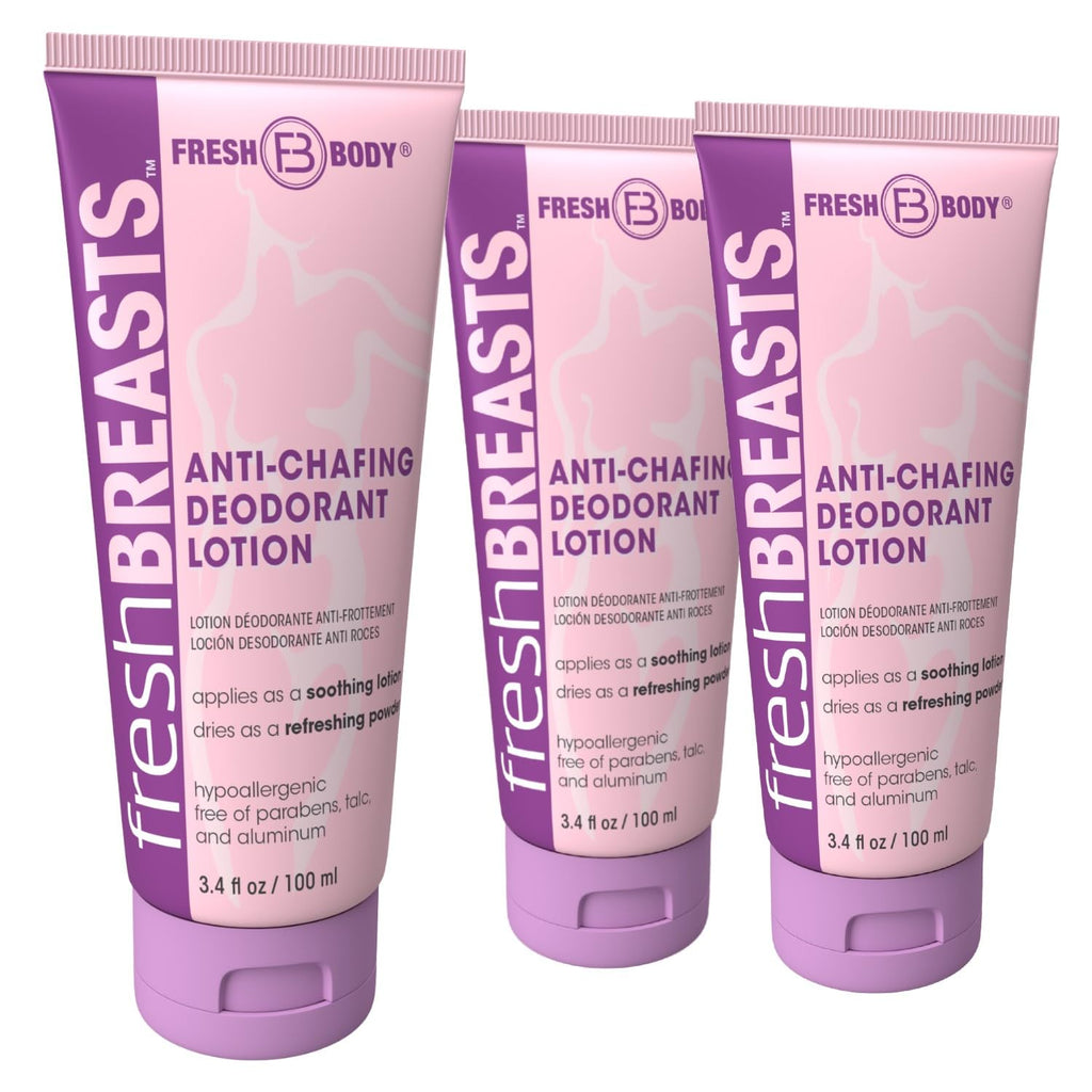 Fresh Breasts Anti Chafing Deodorant Lotion to Powder – 3.4 fl oz x3, No Talc/Aluminum/Fragrance