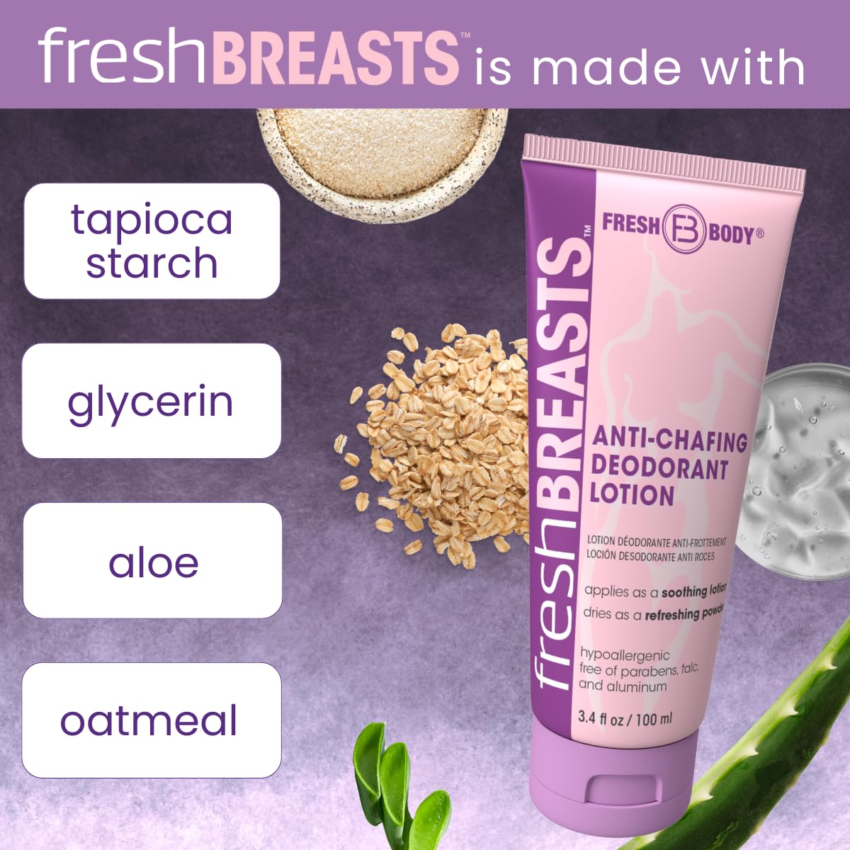 Fresh Breasts Anti Chafing Deodorant Lotion to Powder – 3.4 fl oz x3, No Talc/Aluminum/Fragrance