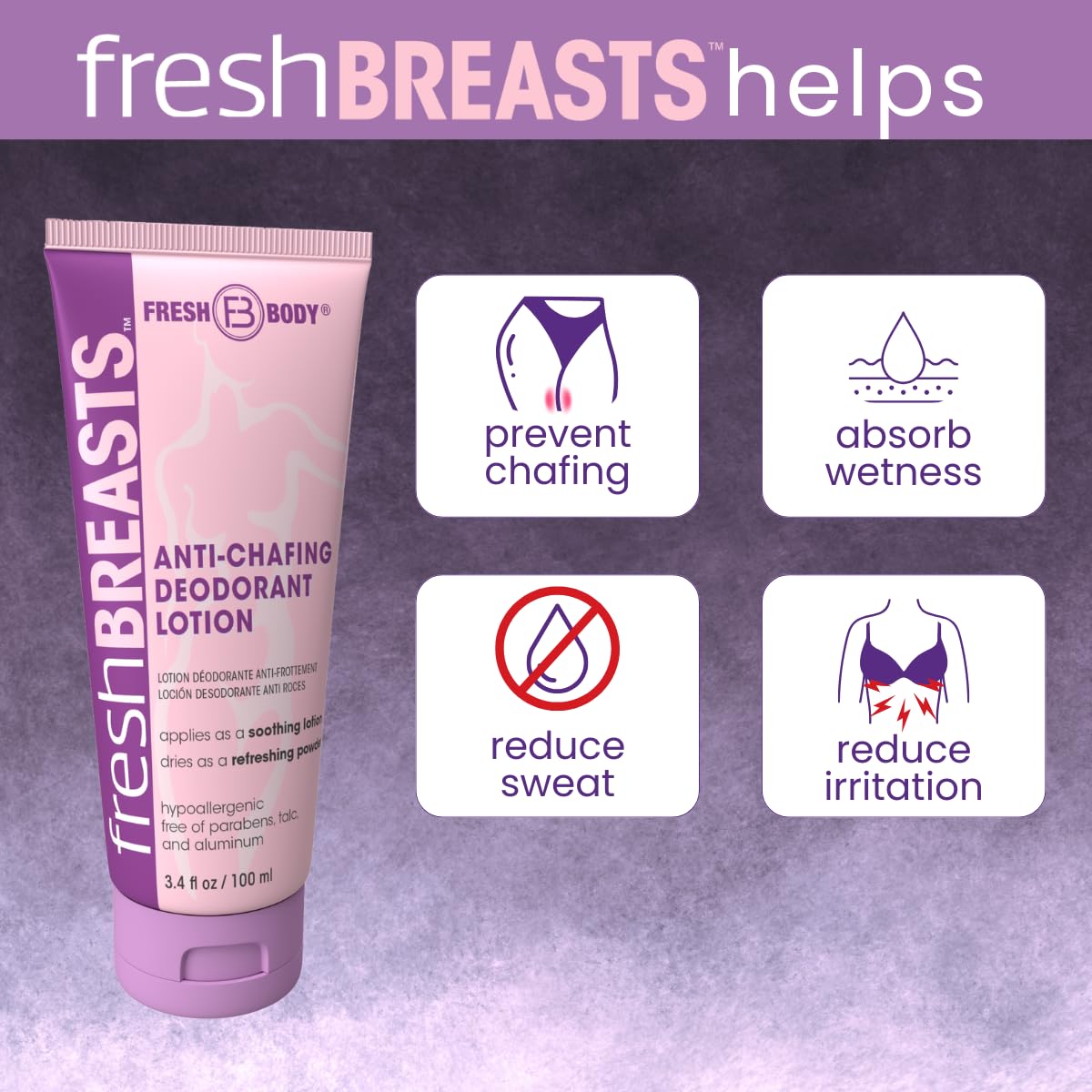 Fresh Breasts Anti Chafing Deodorant Lotion to Powder – 3.4 fl oz x3, No Talc/Aluminum/Fragrance