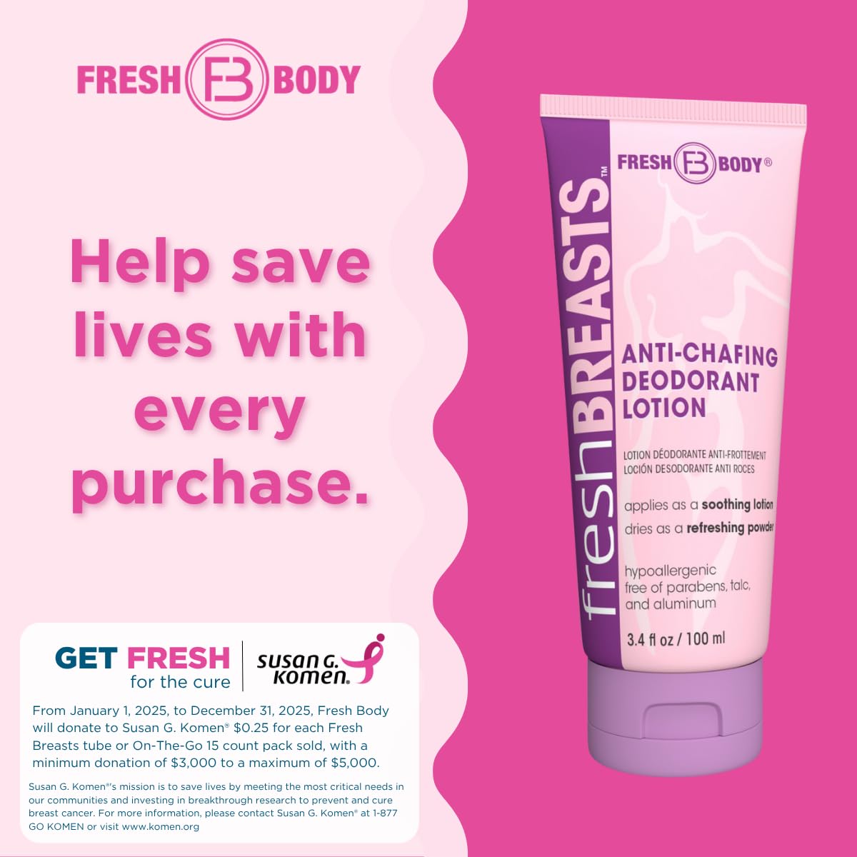 Fresh Breasts Anti Chafing Deodorant Lotion to Powder – 3.4 fl oz x3, No Talc/Aluminum/Fragrance