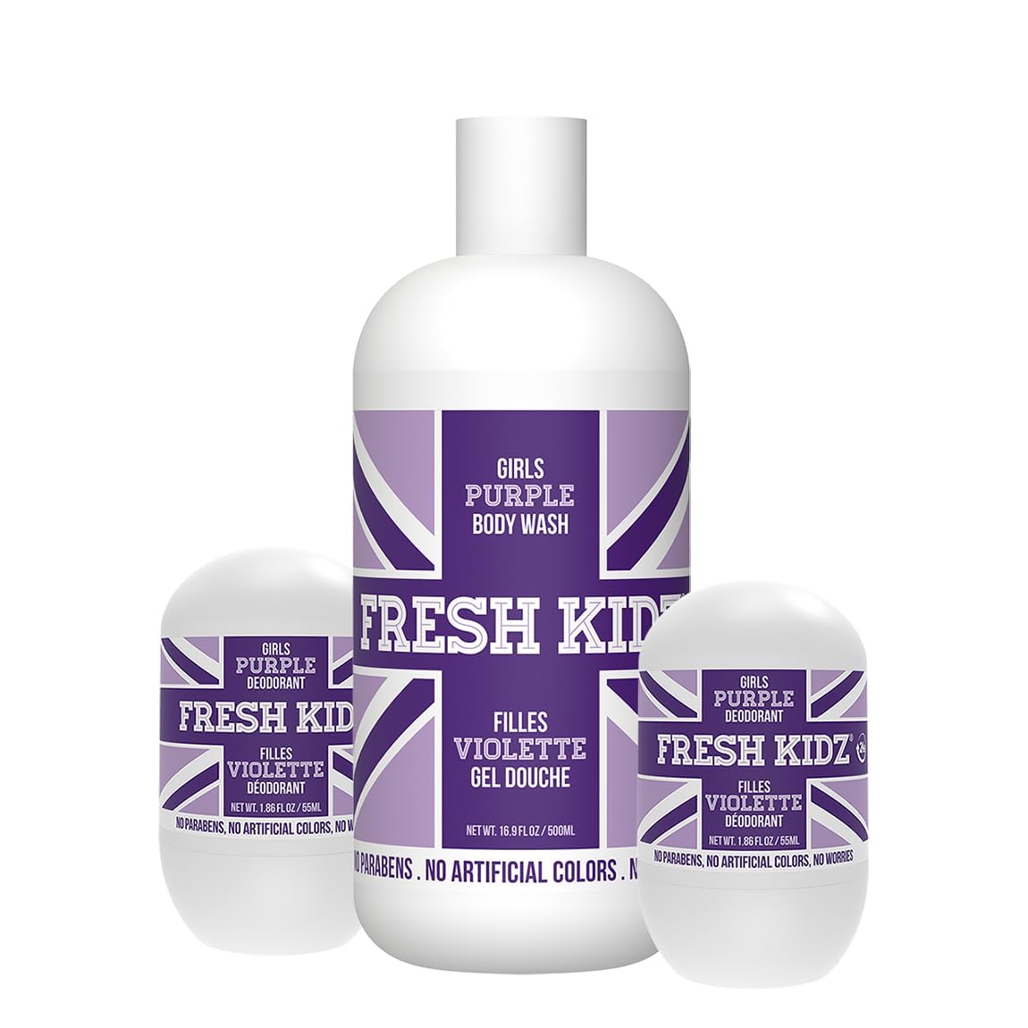 Fresh Kidz Body Wash 16.9 fl oz + 2 Roll-On Deodorants (1.86 fl oz) – Girls Purple Set for Kids & Teens
