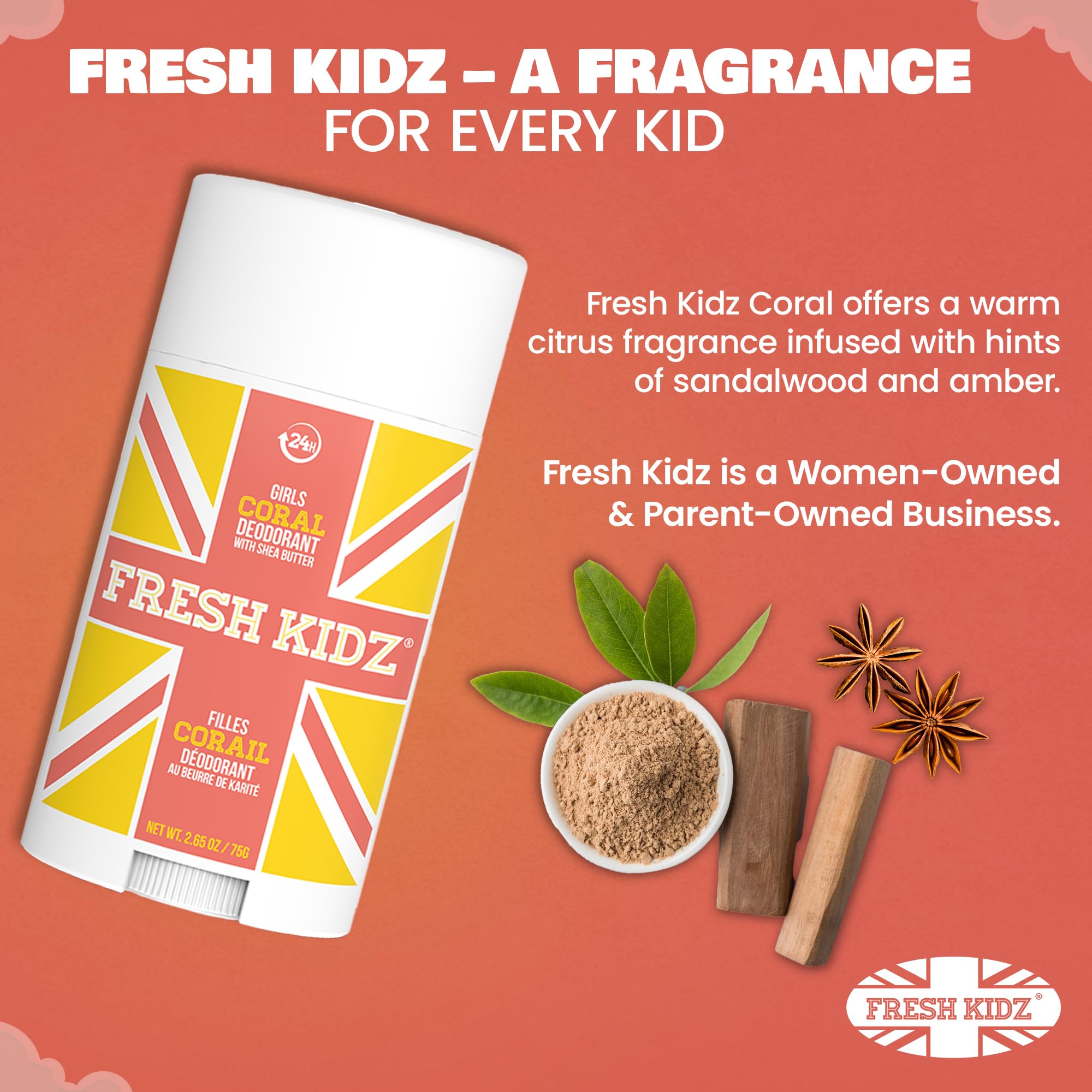 Fresh Kidz Coral Deodorant Stick – Aluminum- and Baking Soda-Free, 24-Hour Odor Protection for Kids & Teens