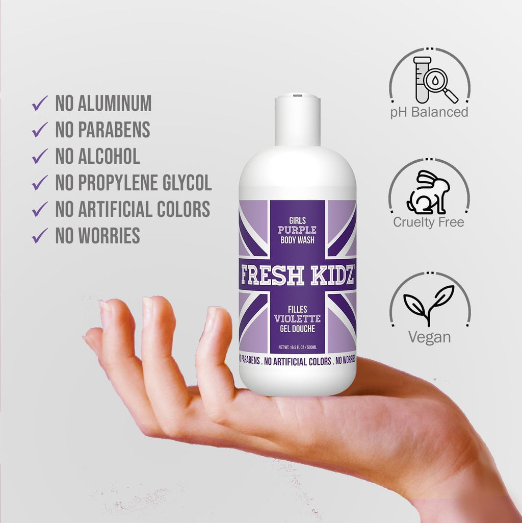 Fresh Kidz Body Wash 16.9 fl oz + 2 Roll-On Deodorants (1.86 fl oz) – Girls Purple Set for Kids & Teens