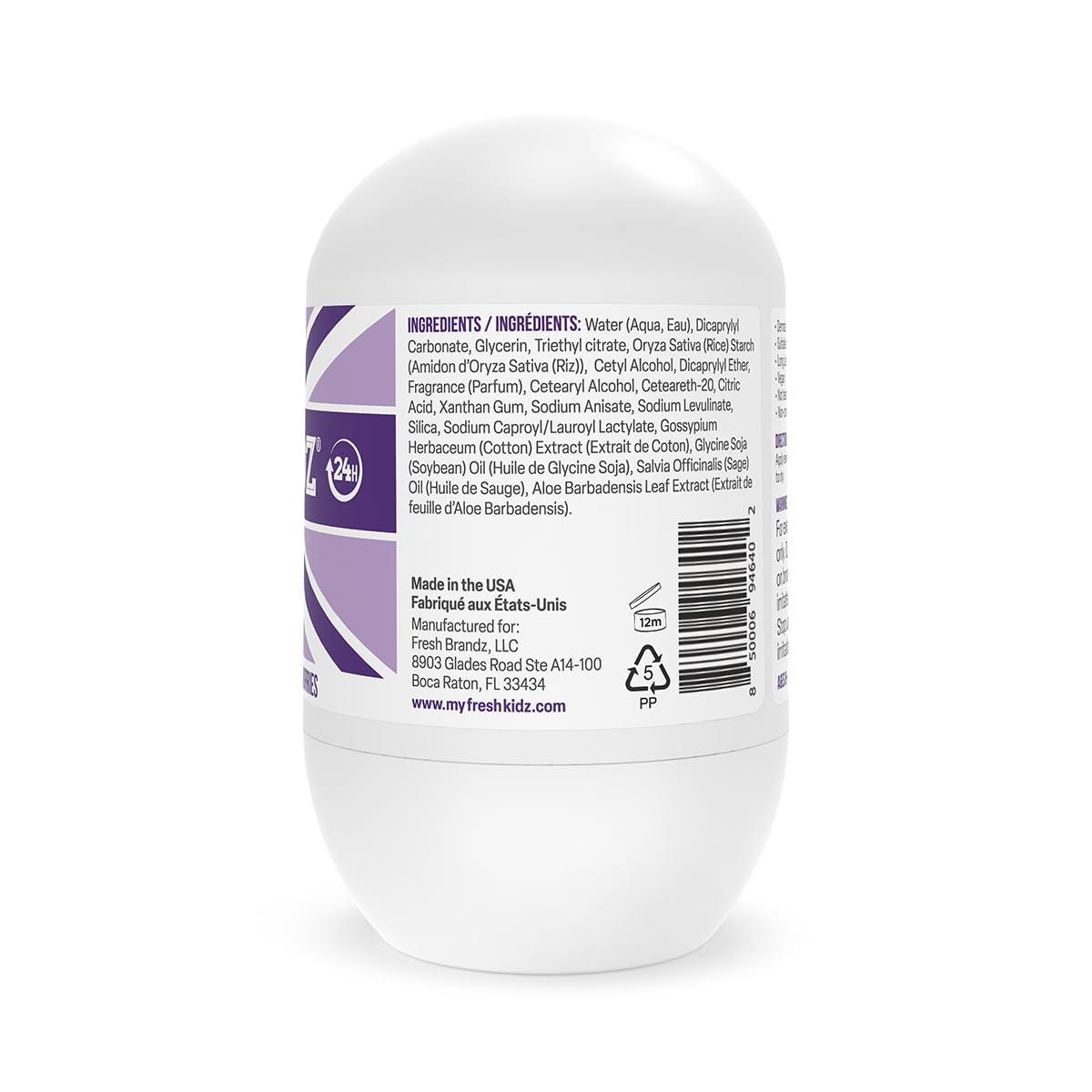 Fresh Kidz Body Wash 16.9 fl oz + 2 Roll-On Deodorants (1.86 fl oz) – Girls Purple Set for Kids & Teens
