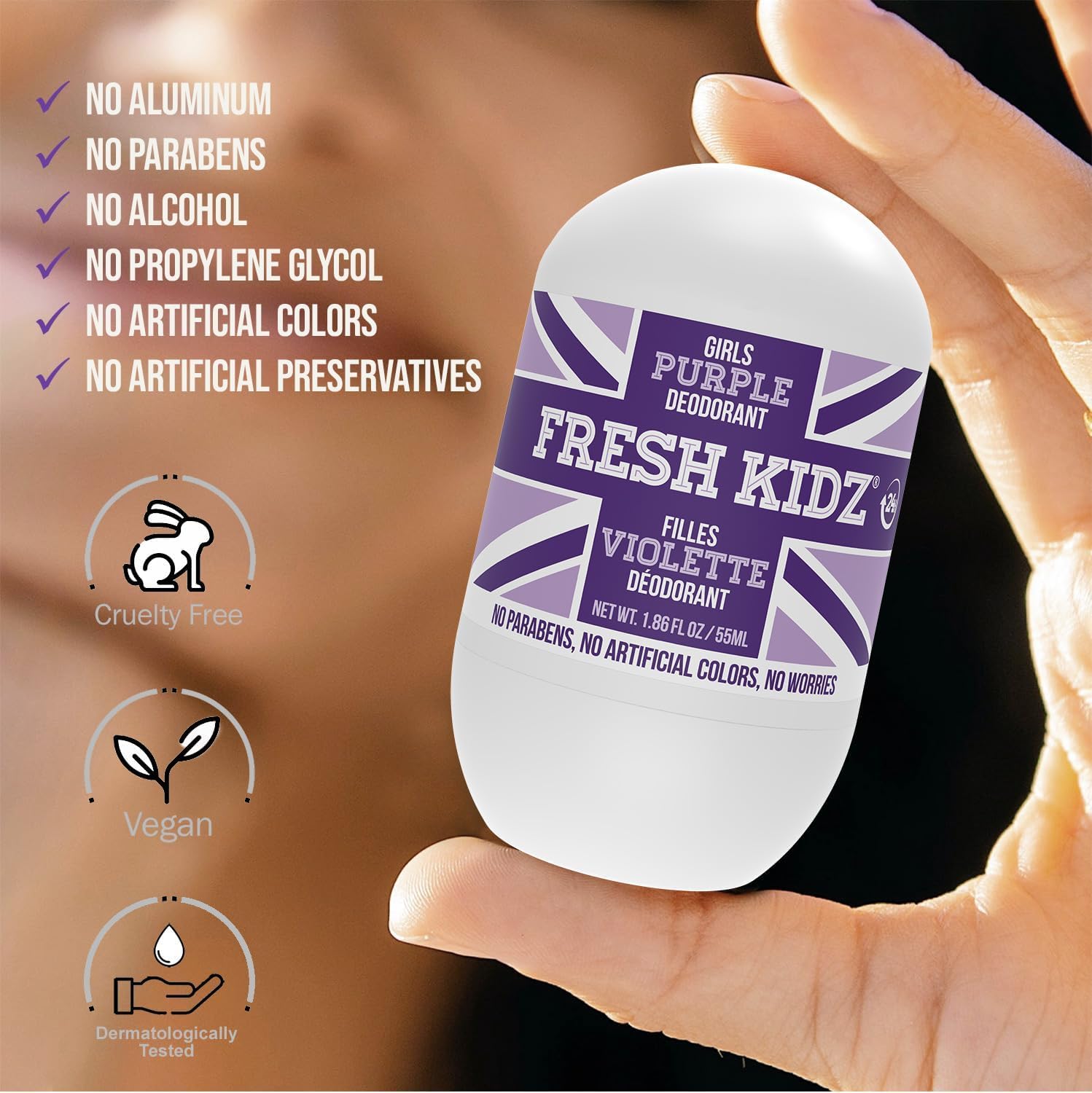 Fresh Kidz Body Wash 16.9 fl oz + 2 Roll-On Deodorants (1.86 fl oz) – Girls Purple Set for Kids & Teens