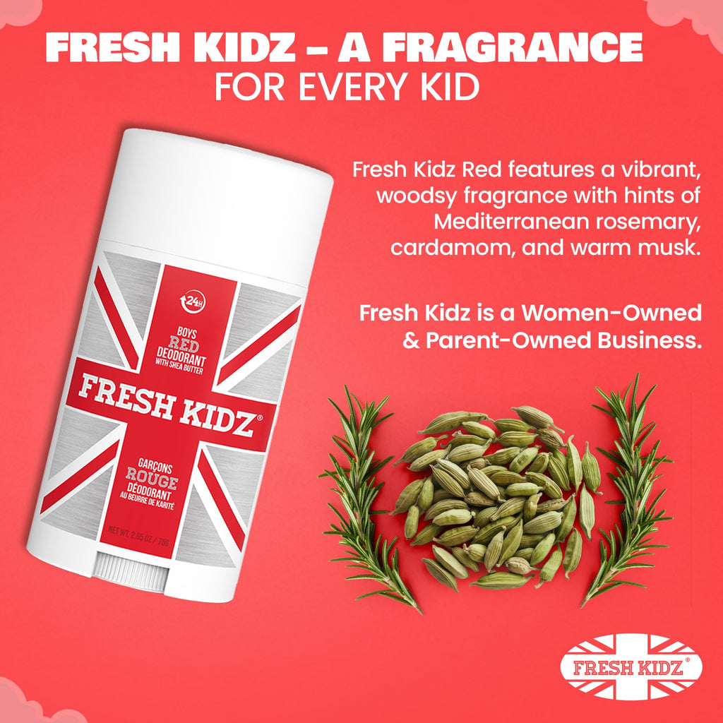 Fresh Kidz Deodorant Stick for Kids and Teens – Aluminum Free, Baking Soda Free, 24 Hour Protection (Boys Red) 2.65 oz