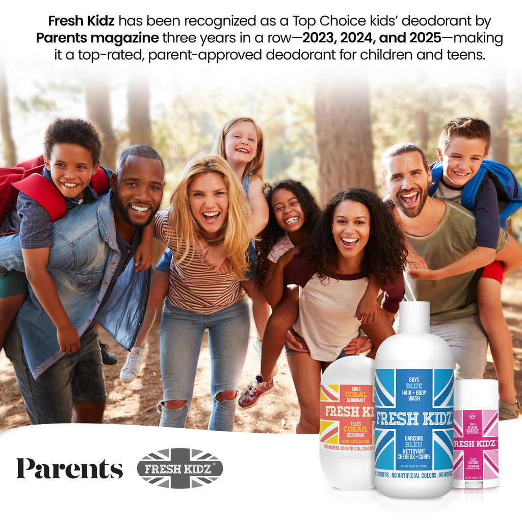 Fresh Kidz Roll-On Deodorant for Kids & Teens – Aluminum- & Baking Soda-Free, 1.86 fl oz, Blue (3-Pack)
