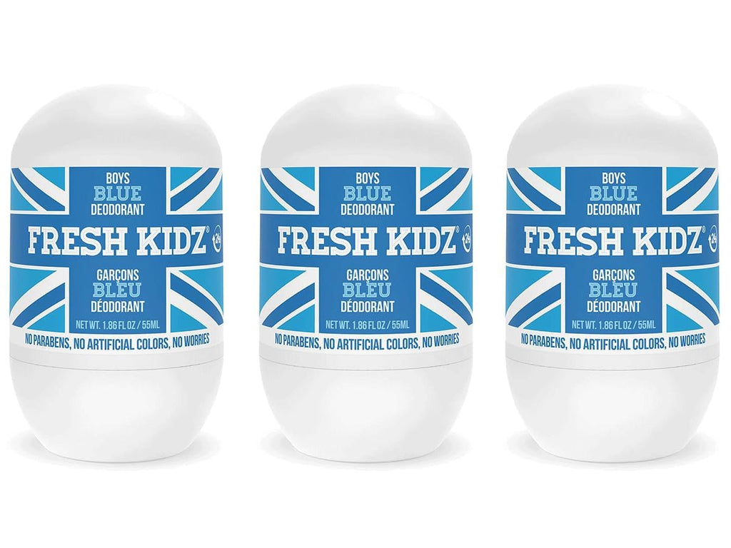 Fresh Kidz Roll-On Deodorant for Kids & Teens – Aluminum- & Baking Soda-Free, 1.86 fl oz, Blue (3-Pack)