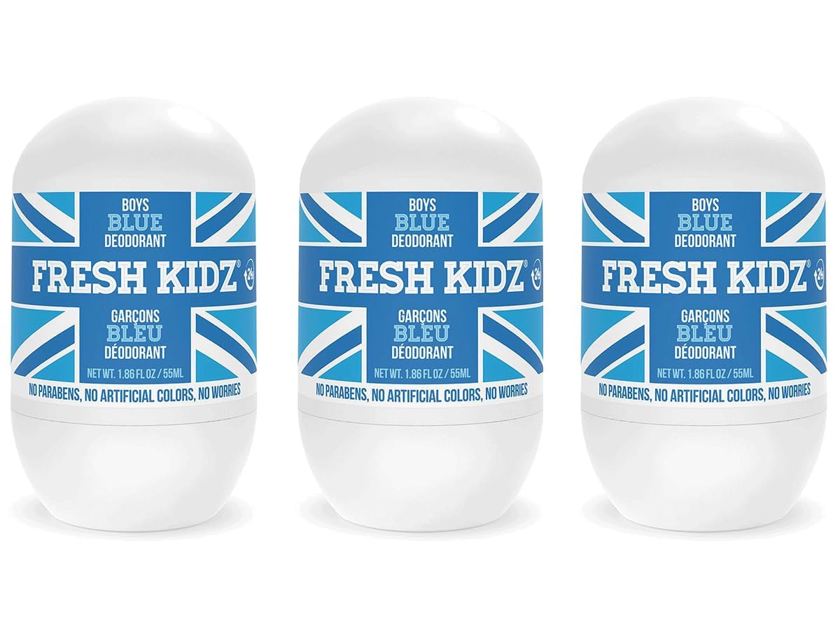 Fresh Kidz Roll-On Deodorant for Kids & Teens – Aluminum- & Baking Soda-Free, 1.86 fl oz, Blue (3-Pack)