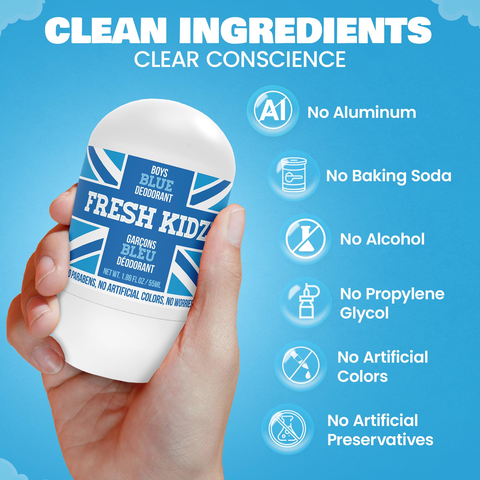 Fresh Kidz Roll-On Deodorant for Kids & Teens – Aluminum- & Baking Soda-Free, 1.86 fl oz, Blue (3-Pack)