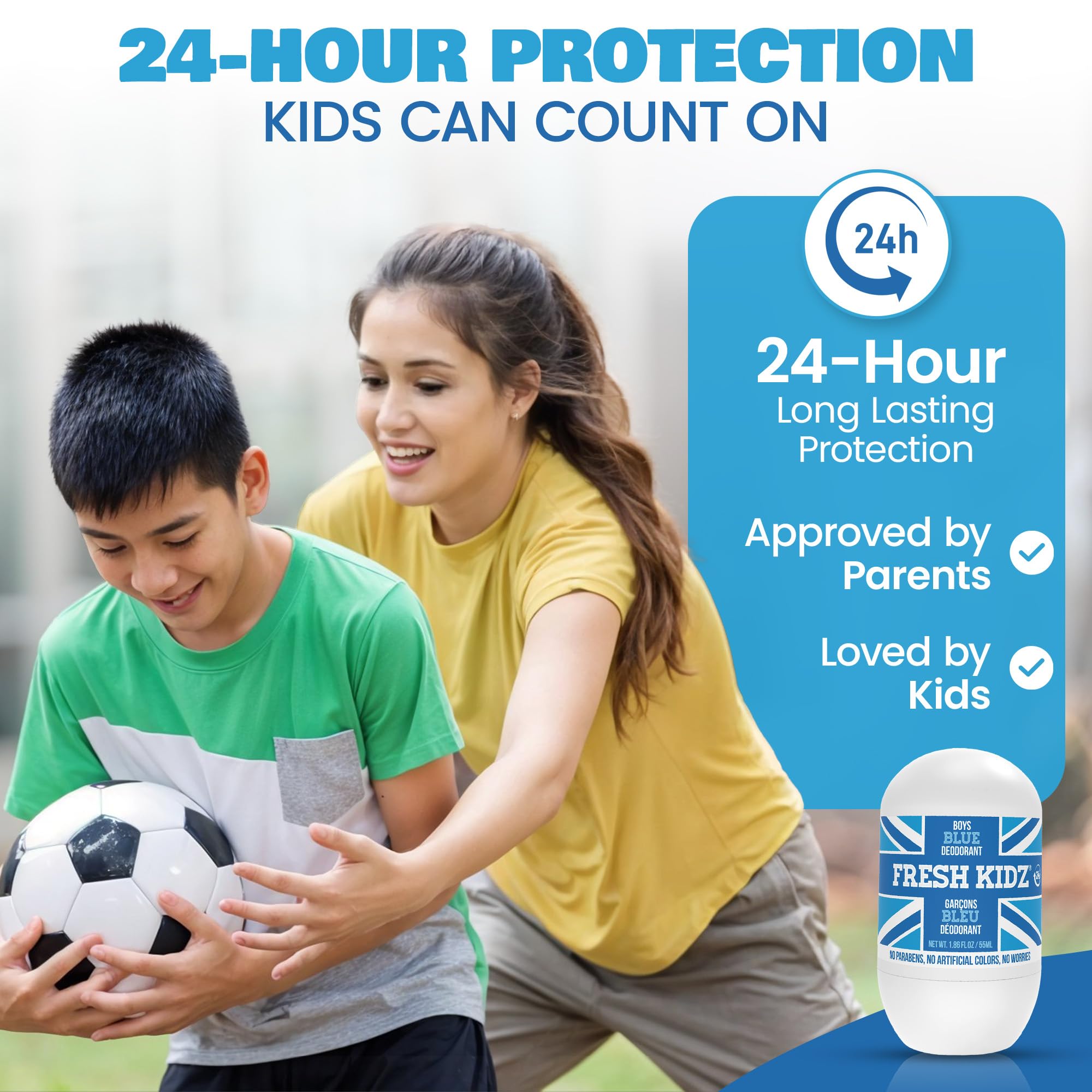 Fresh Kidz Roll-On Deodorant for Kids & Teens – Aluminum- & Baking Soda-Free, 1.86 fl oz, Blue (3-Pack)