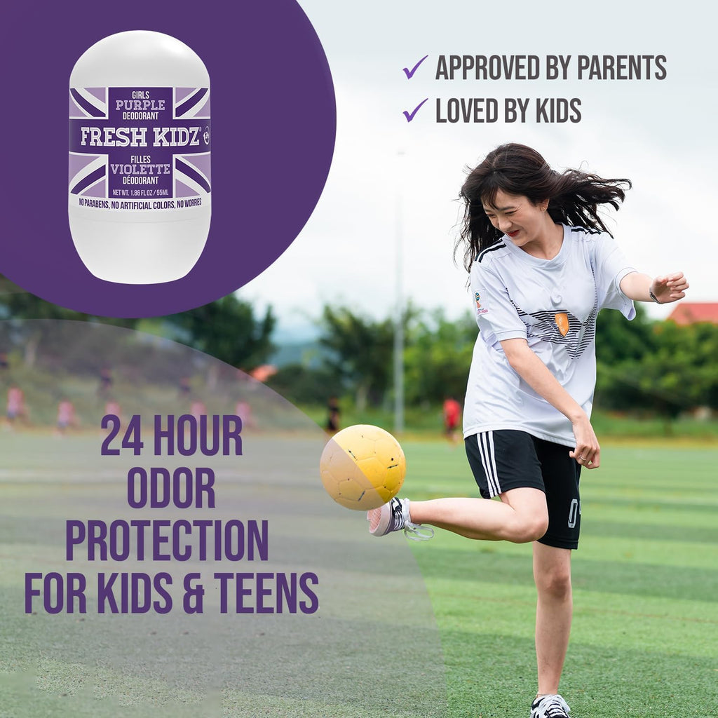 Fresh Kidz Body Wash 16.9 fl oz + 2 Roll-On Deodorants (1.86 fl oz) – Girls Purple Set for Kids & Teens