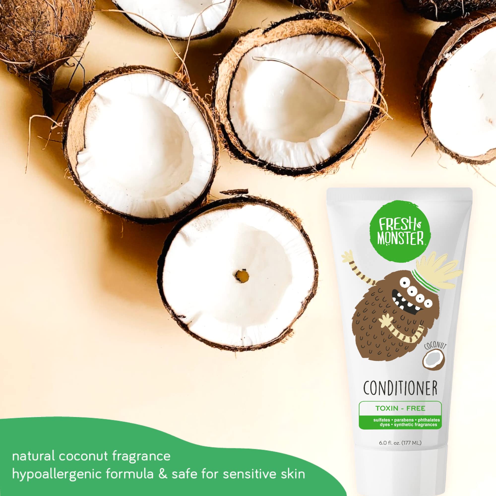 Fresh Monster Kids Hair Conditioner – 2 Pack (6 oz each) – Toxin-Free, Hypoallergenic, Coconut