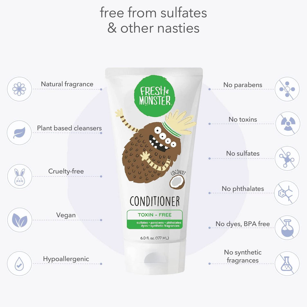 Fresh Monster Kids Hair Conditioner – 2 Pack (6 oz each) – Toxin-Free, Hypoallergenic, Coconut