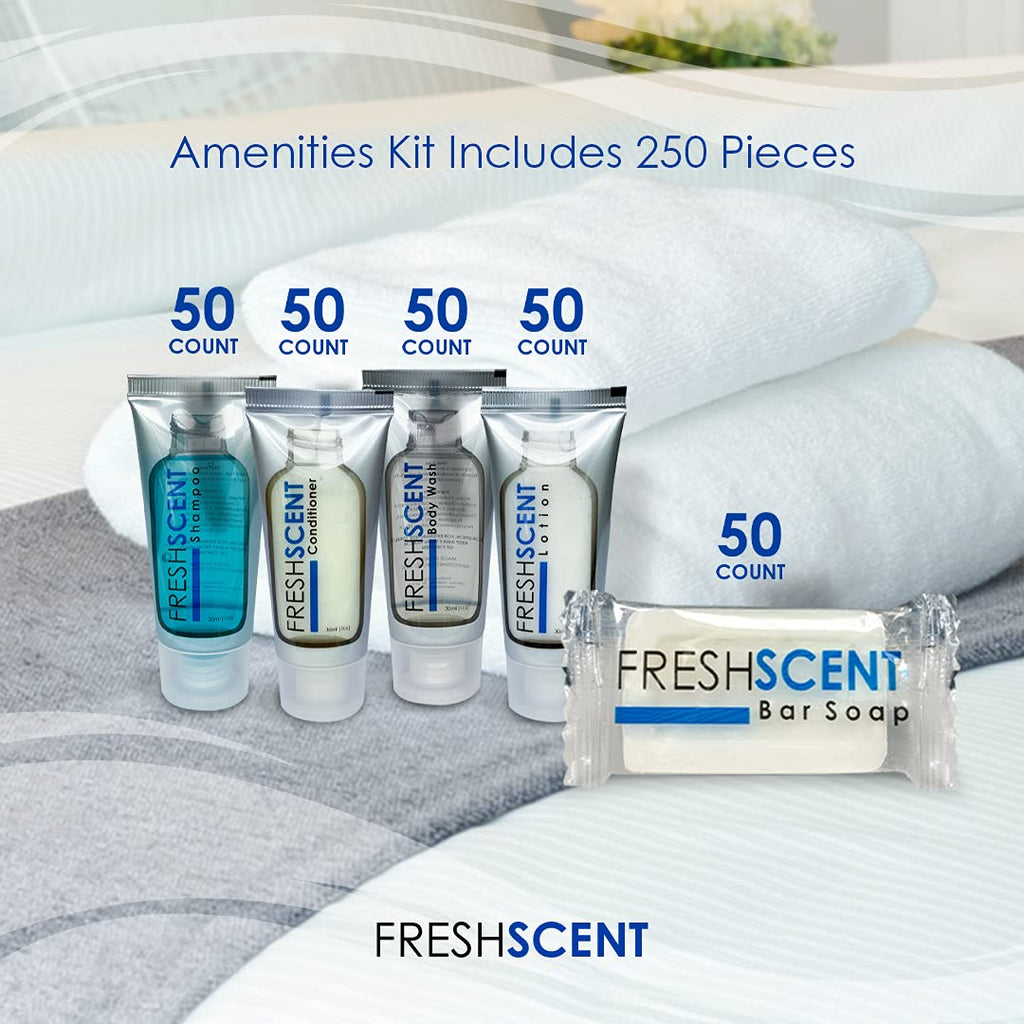 Freshscent Hotel Collection 250-Piece Bulk Toiletries Kit — 1oz Tubes & Soap Bars